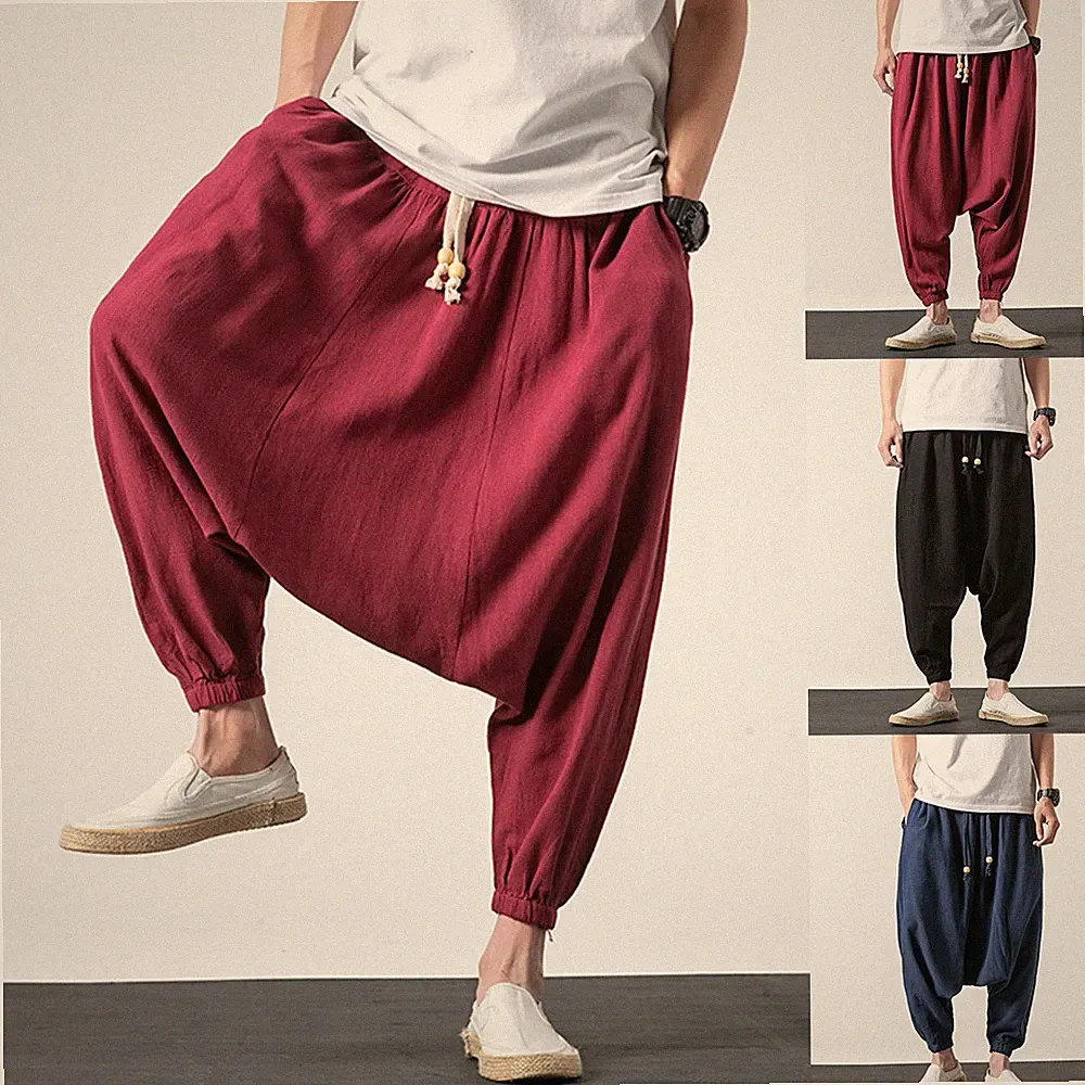 Herren Leinen Niedriger Schritt Baggy Harem Hose Jeans Jogginghose Kordelzug