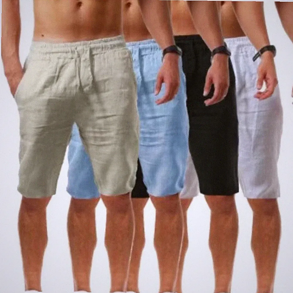 Herren Leinen Shorts Kurze Hose Sommer Jogginghose Strandhose Hosen Polyester
