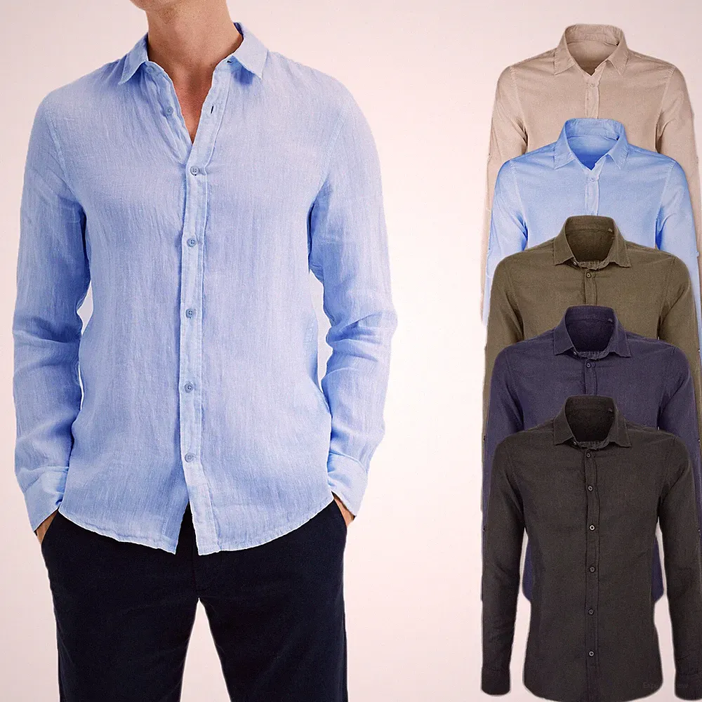 Herren Leinenhemd Hemden Slim Fit Langarm Casual Elegant VEQUE