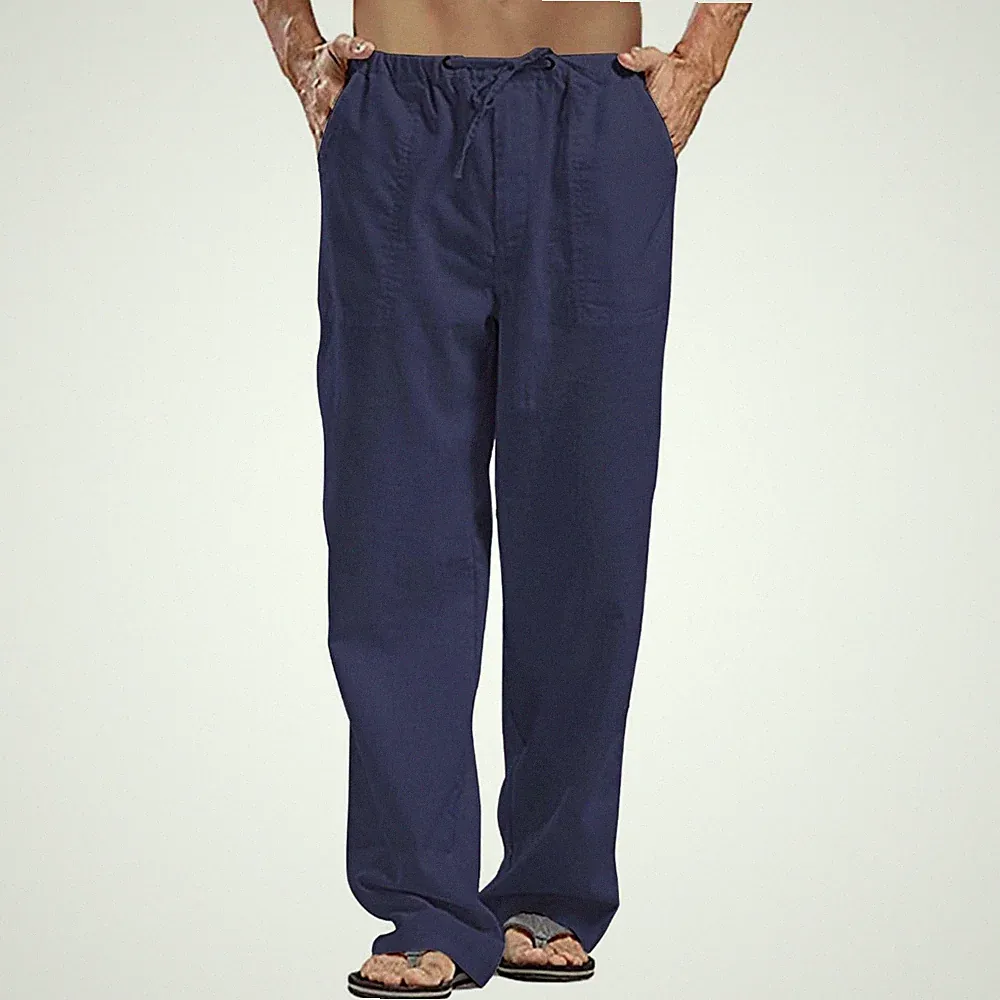Herren Leinenhose Baumwolle Sommer Jogging Freizeit Kordelzug Relaxed Fit