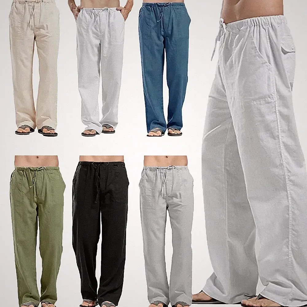 Herren Leinenhose Freizeit Kordelzug Stoffhose Fitness Jogginghosen polyester DE