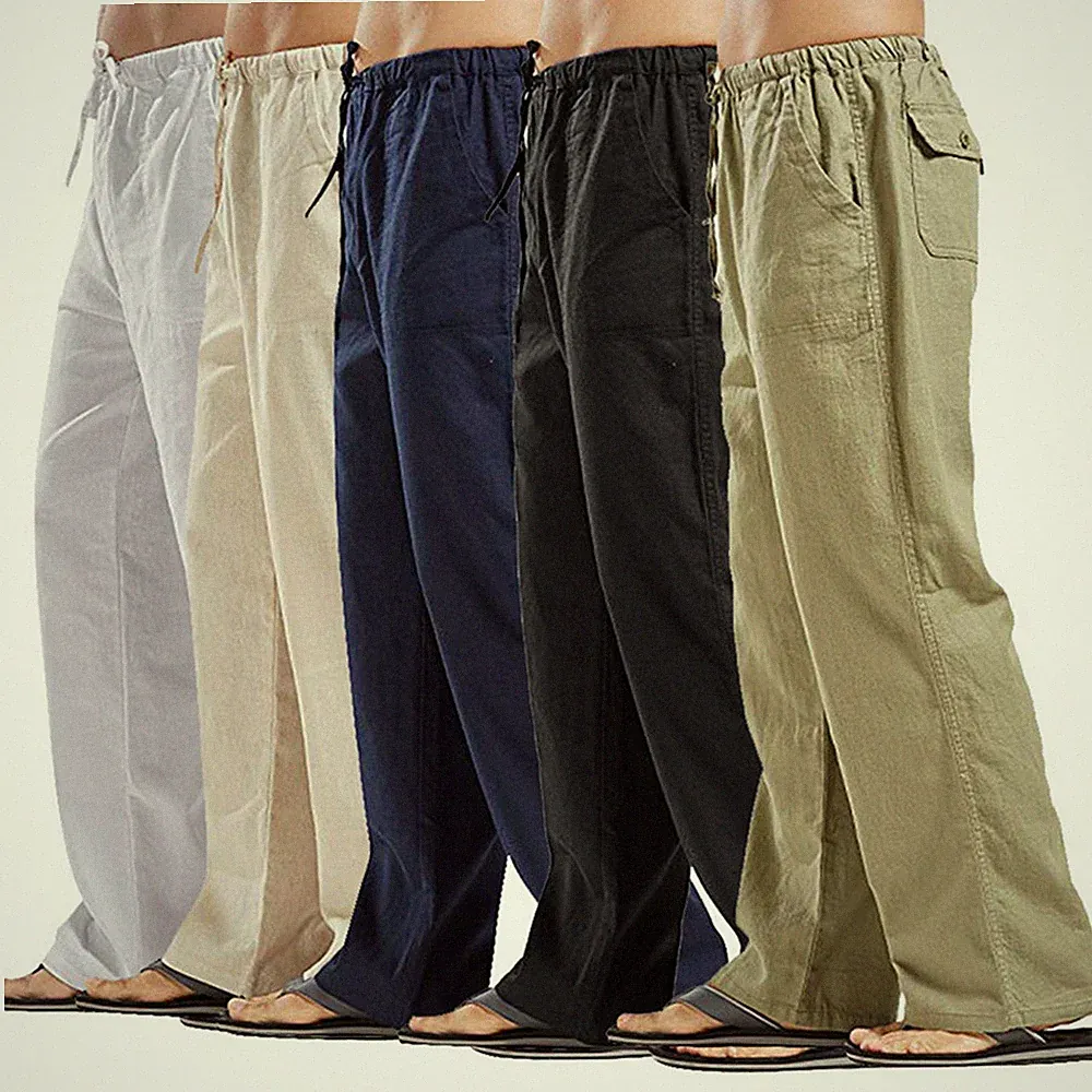 Herren Leinenhose Freizeit Kordelzug Stoffhose Fitness Jogginghosen polyester DE