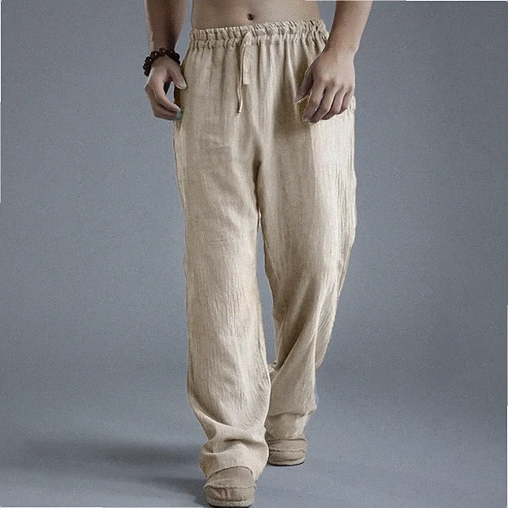 Herren Leinenhose Herbst Freizeit Stoffhose Kordelzug Lose Fitness Jogginghosen