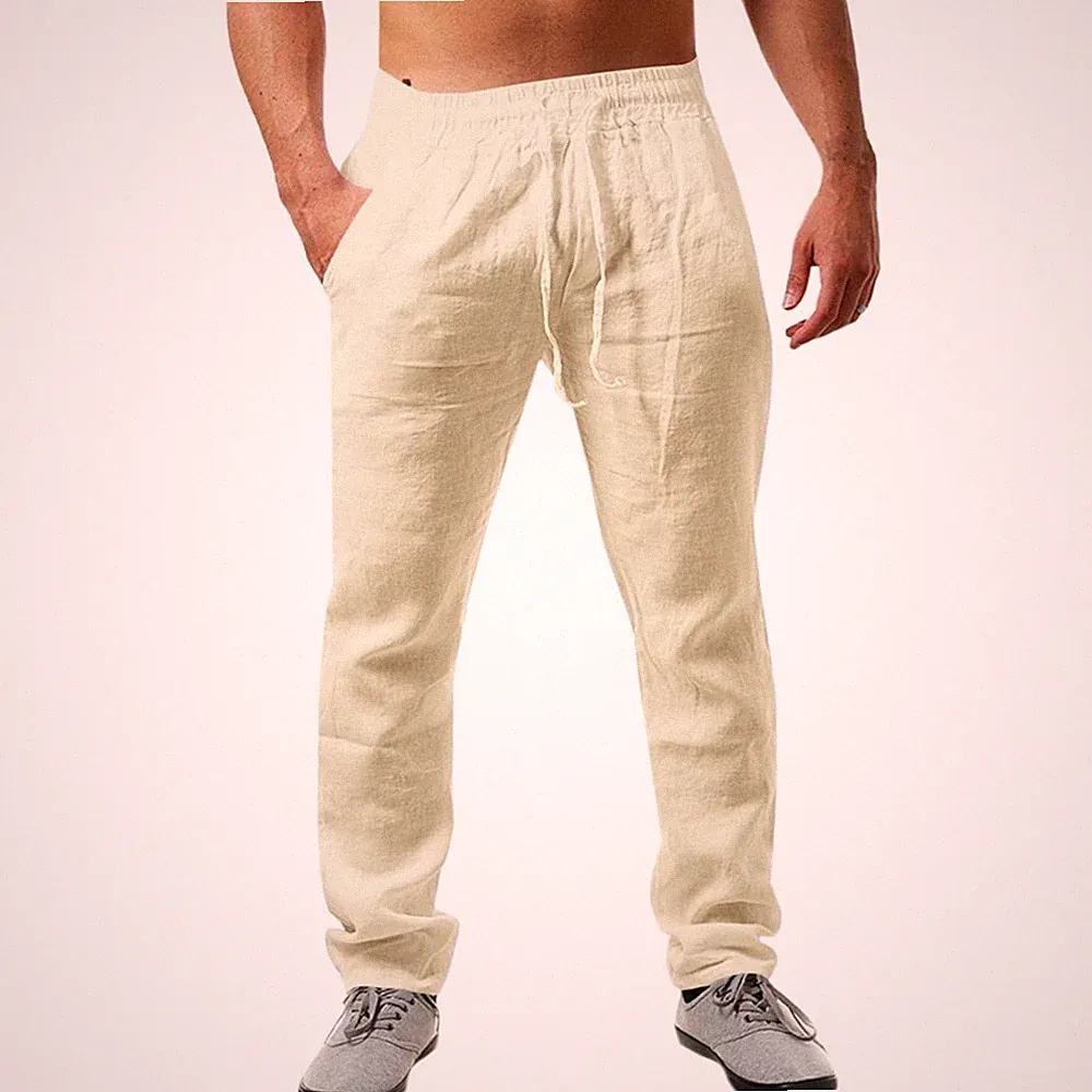 Herren Leinenhose Sommer Freizeit lange Bein lockere Passform bequem