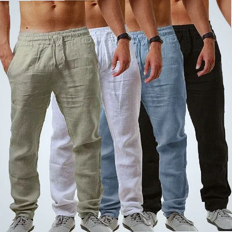 Herren Leinenhose Sommer Freizeit Stoffhose Lose Fitness Jogginghosen Kordelzug