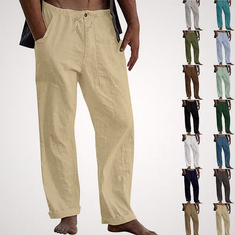 Herren Leinenhose Sommer Stoffhose Freizeit Chinohose Lose Fitness Jogginghosen