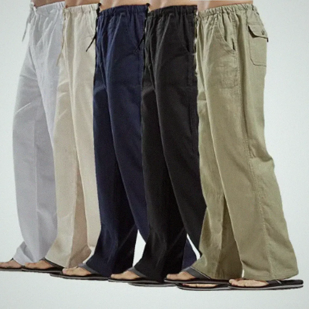 Herren Leinenhose Stoffhose Freizeit Sommer Kordelzug Lose Fitness Jogginghosen