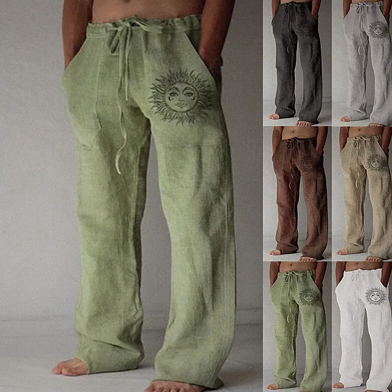 Herren Leinenhose Stoffhose Kordelzug Fitness Lose Jogginghosen Polyest Freizeit