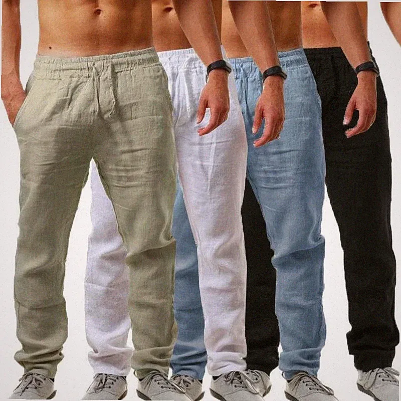 Herren Leinenhose Stoffhose Kordelzug Fitness Lose Jogginghosen Sommer Freizeit