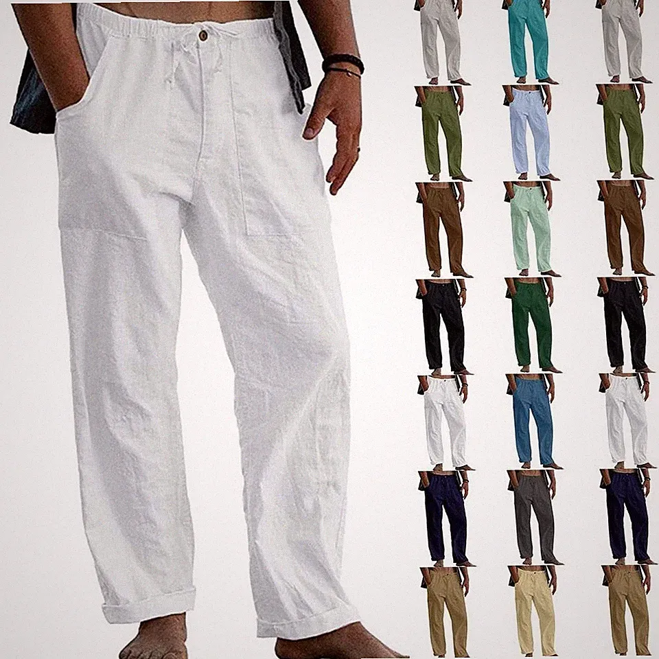 Herren Leinenhose Stretch Weites Bein Hose Freizeithose Lang Hosen Jogginghosen!