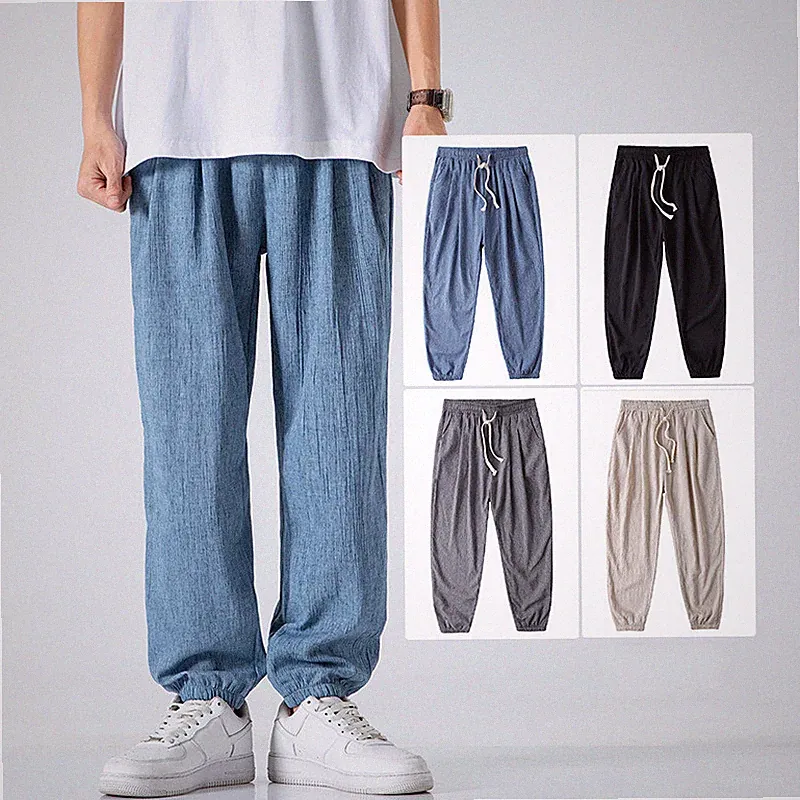 Herren Leinenmischung Kordelzug Tapered Baggy Hose Elastischer Bund Jogginghose Hose