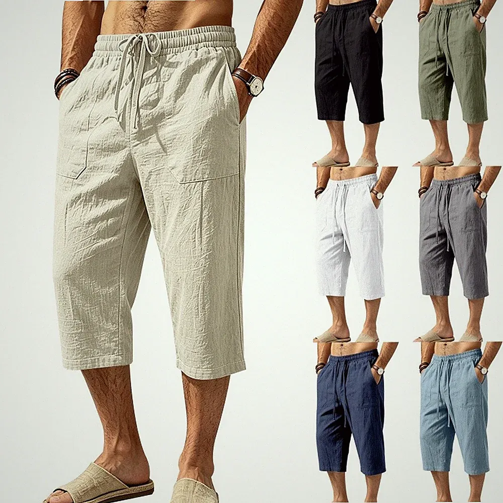 Herren LeinenShorts 3/4 Länge Hosen Sommerhose Strand Jogger Casual Sweatpants