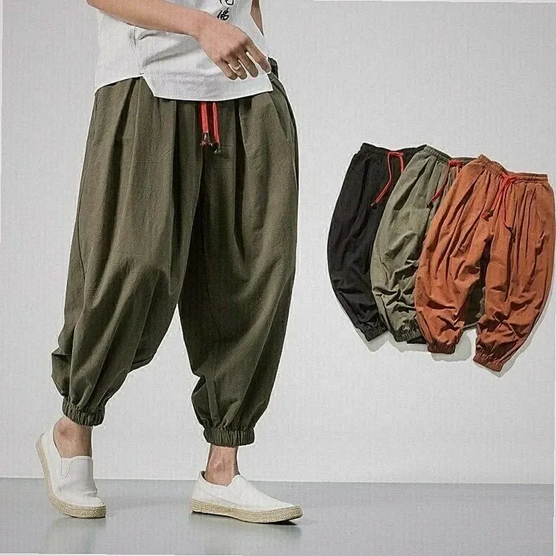 Herren Locker Baggy Harem Trousers Leinen Vintage Hose Schwarz