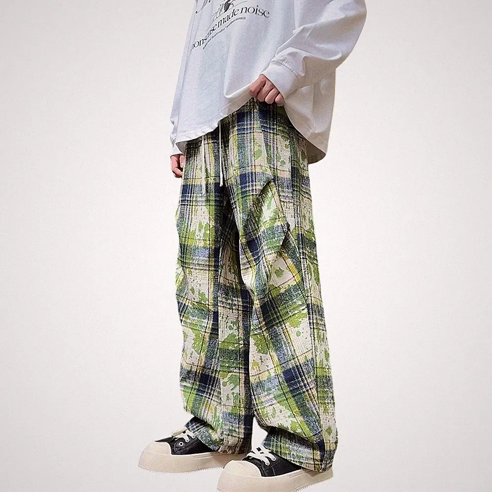 Herren Loose Fit Karo Hose Vintage Gerades Bein Jogger Jogginghose Blau