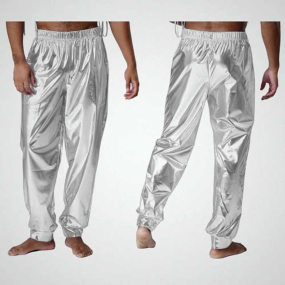 Herren Metallisch glänzende Jogginghose Disco Party Glitzer Baggy Streetwear