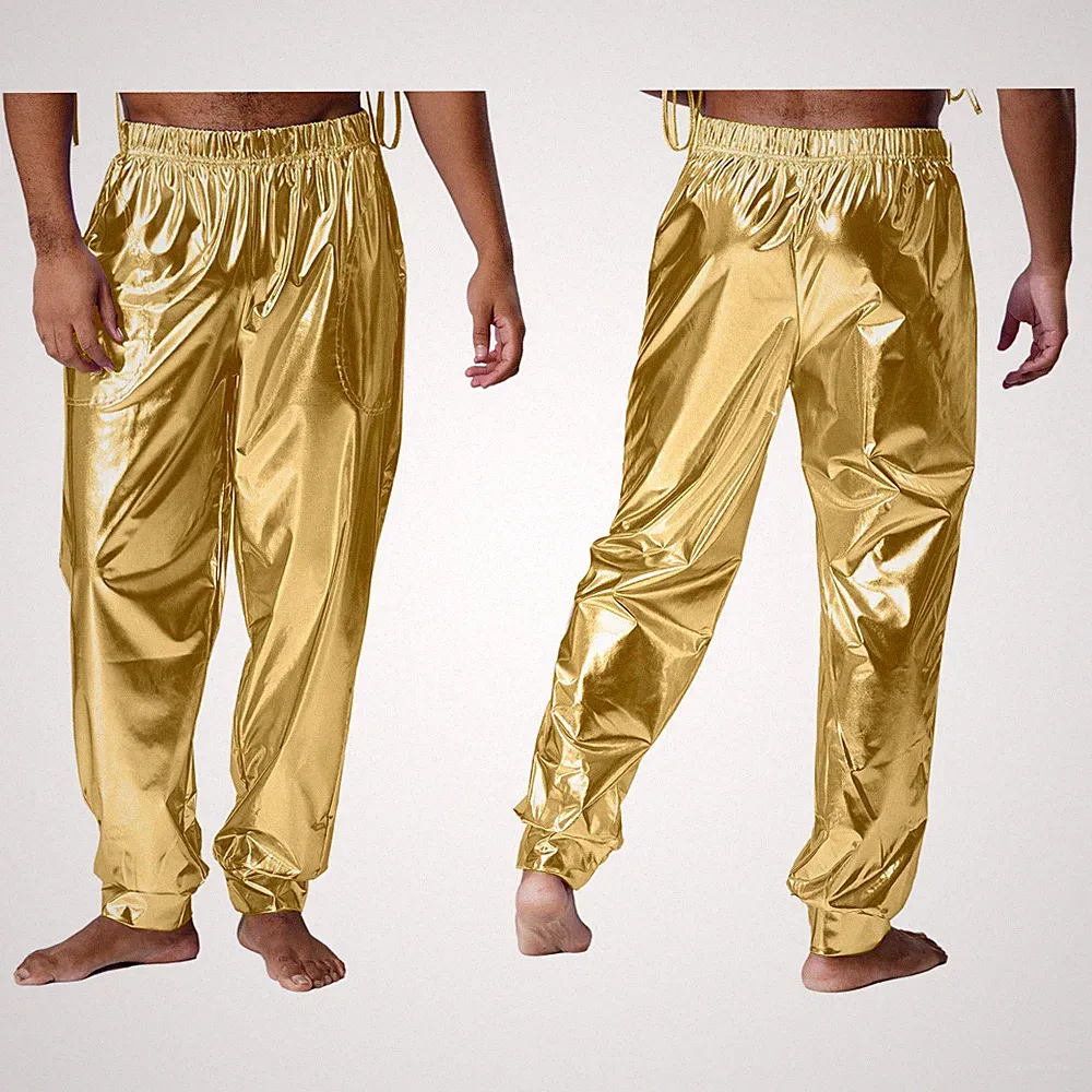 Herren Metallisch glänzende Jogginghose Disco Party Glitzer Baggy Streetwear