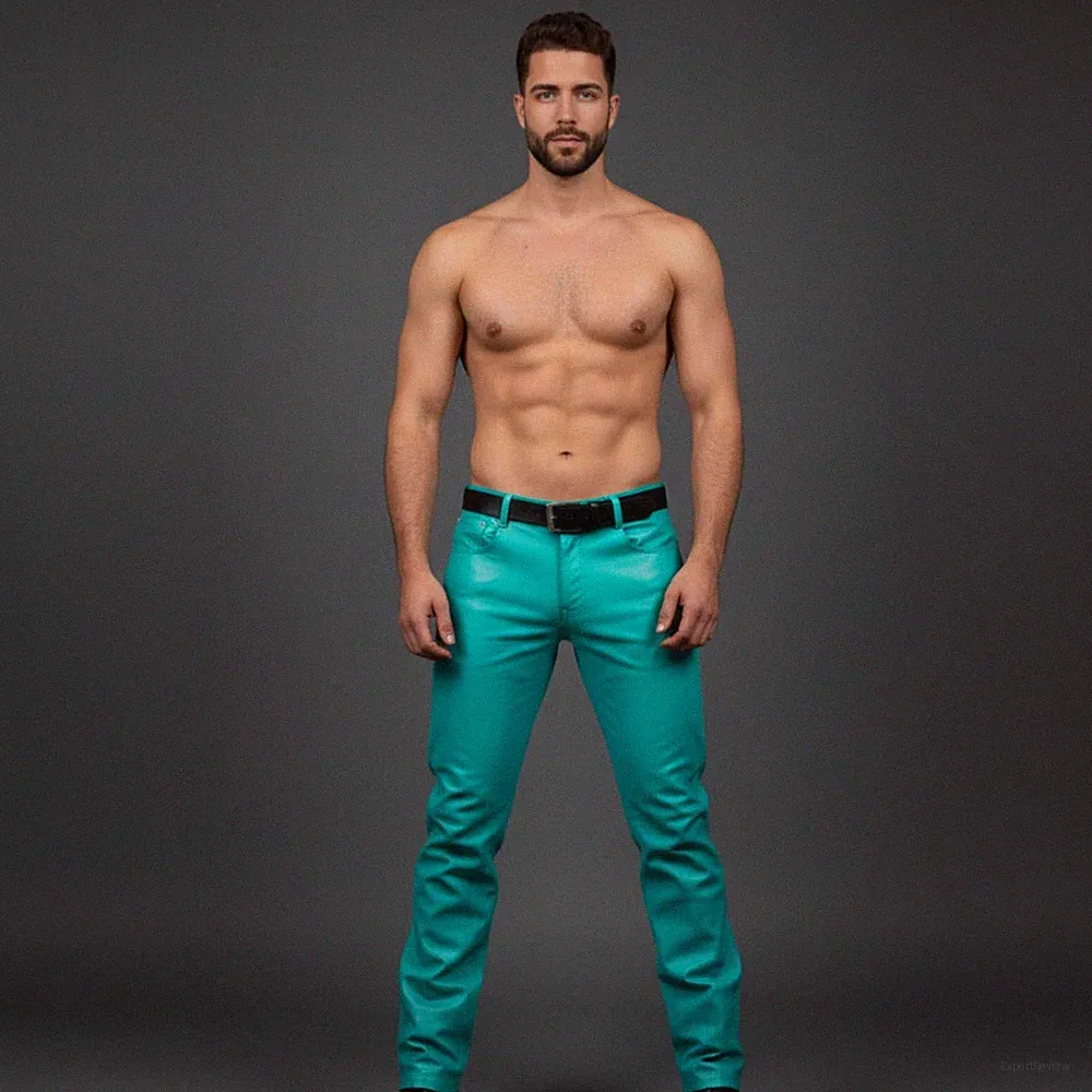 Herren Neu Türkis Leder Biker Hose| Echt Weich Lammleder Leder Jeans Hose 34