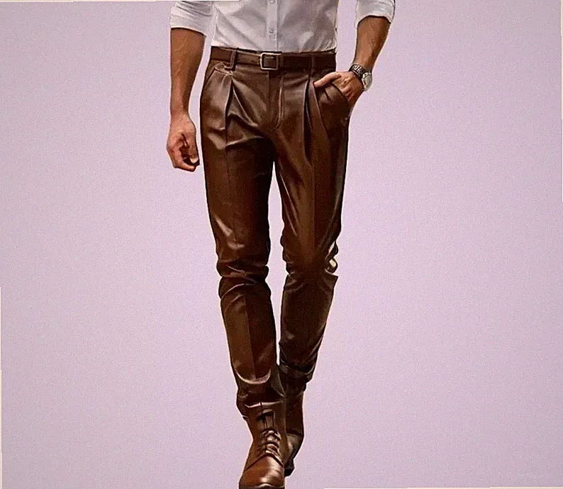 Herren neue braune Premium Lederhose | echtes weiches Lammleder Biker...