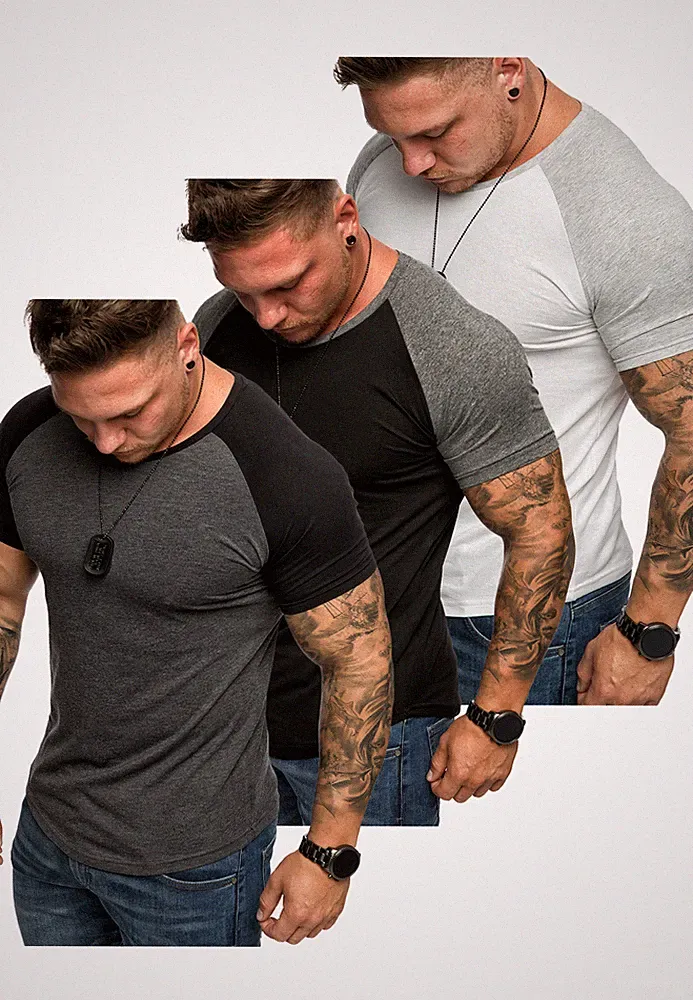 Herren Oversize Doppel Farbig 3er Pack Slim-Fit Crew Neck Basic T-Shirt 3-0015