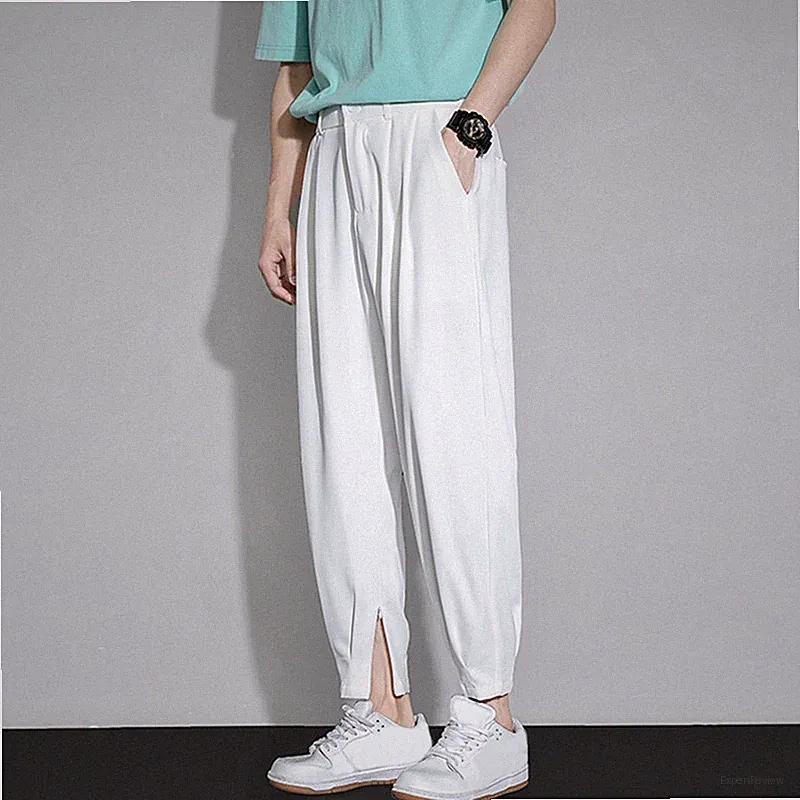 Herren Plissiert Konisch Hose Gummibund Atmungsaktiv Caprihose Lang Jogginghose