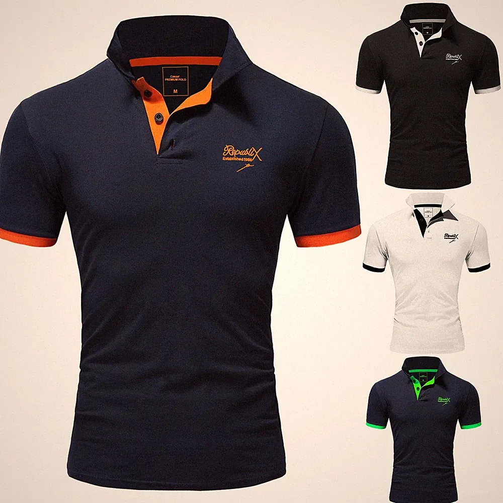 Herren Poloshirt Basic Kontrast Stickerei Kragen Kurzarm Polohemd T-Shirt R-0056