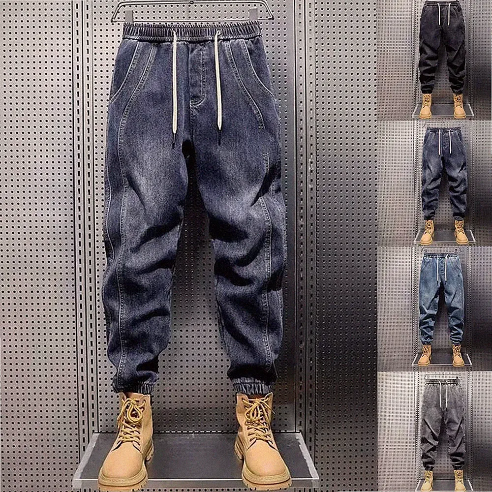 Herren Polyester lose Haremsjeans elastischer Bund Cargo Jogginghose dunkelblau