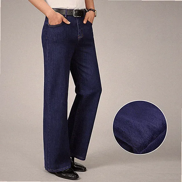 Herren Retro Fleecefutter Jeans Thermal Gerades Bein Denim Hose Stretch Slim
