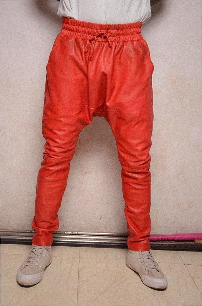 Herren Rot Echtleder Jogginghose Drop Crotch Elastic Waist Track Trousers Pant