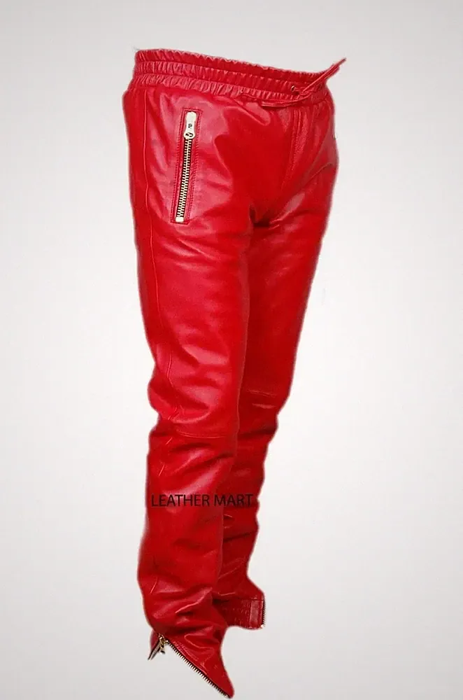 Herren Rot Echtleder Jogginghose Gummibund Freizeithose Sweatpants