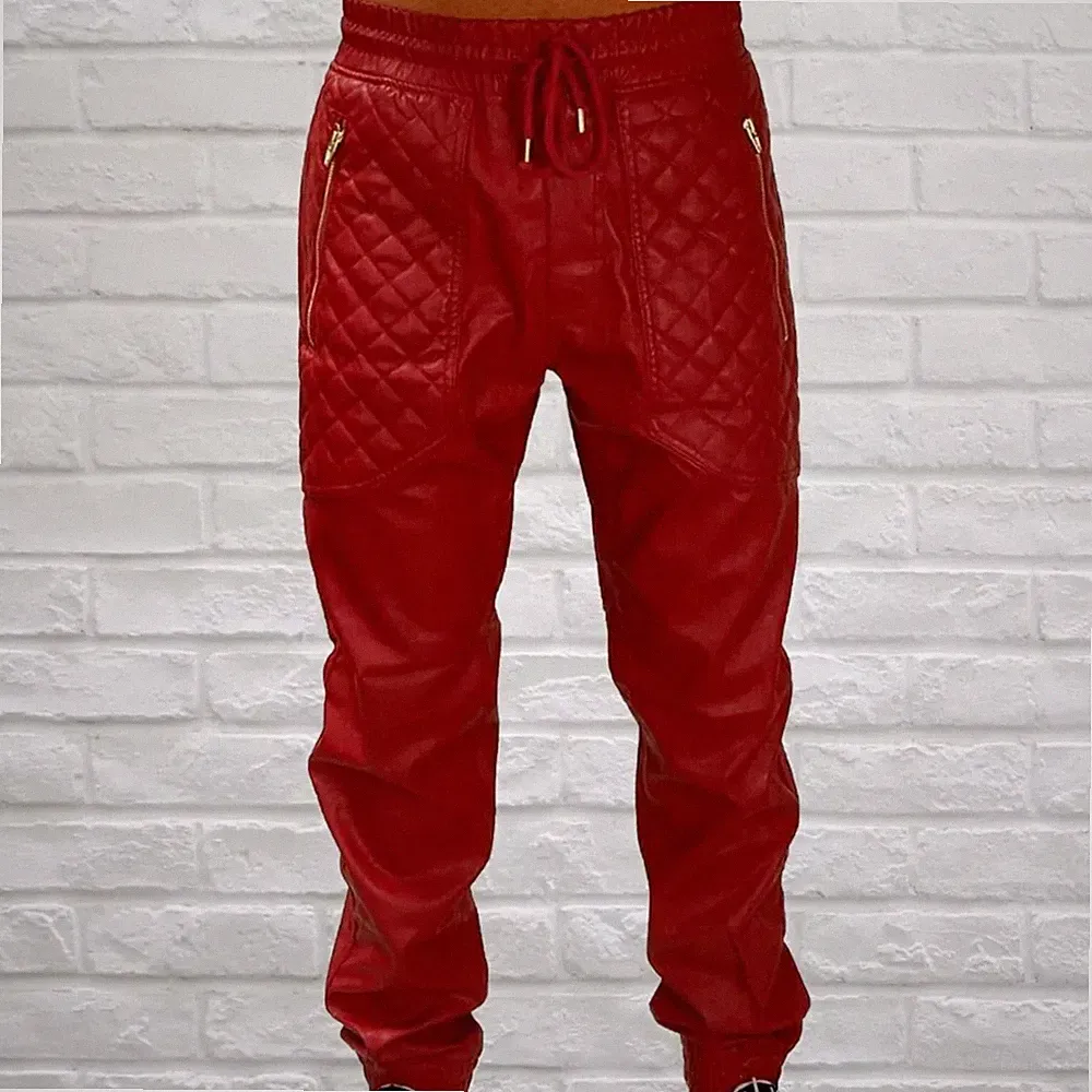 Herren rote gesteppte Leder Jogginghose Hose | echtes weiches Lammfell...