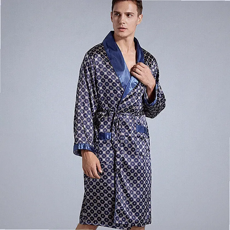 Herren Satin Seide Luxus Pyjama Kimono Bademantel Robe Morgenmantel Nachtwäsche