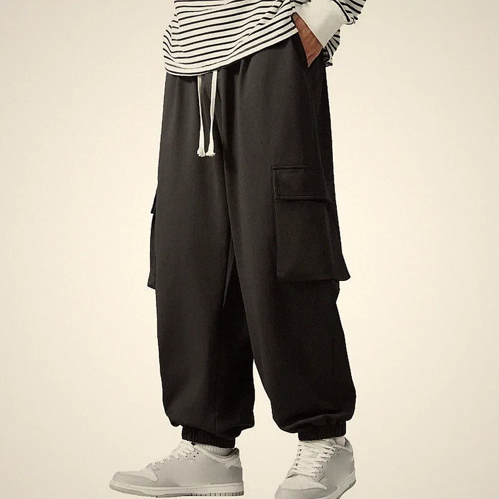 Herren Schwarz Cargo Jogginghose Sweatpants Gummibund Kordelzug Paket Fuß