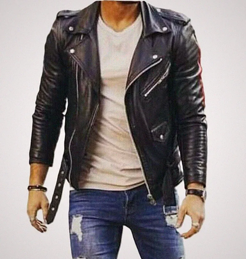 Herren Schwarz Echt Lammleder Leder Doppelfahrer Motorrad Biker Jacke mit...