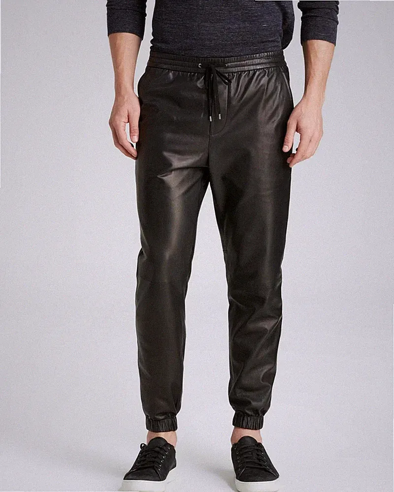 Herren Schwarz Echtleder Jogginghose Elastischer Bund Casual Street Style...