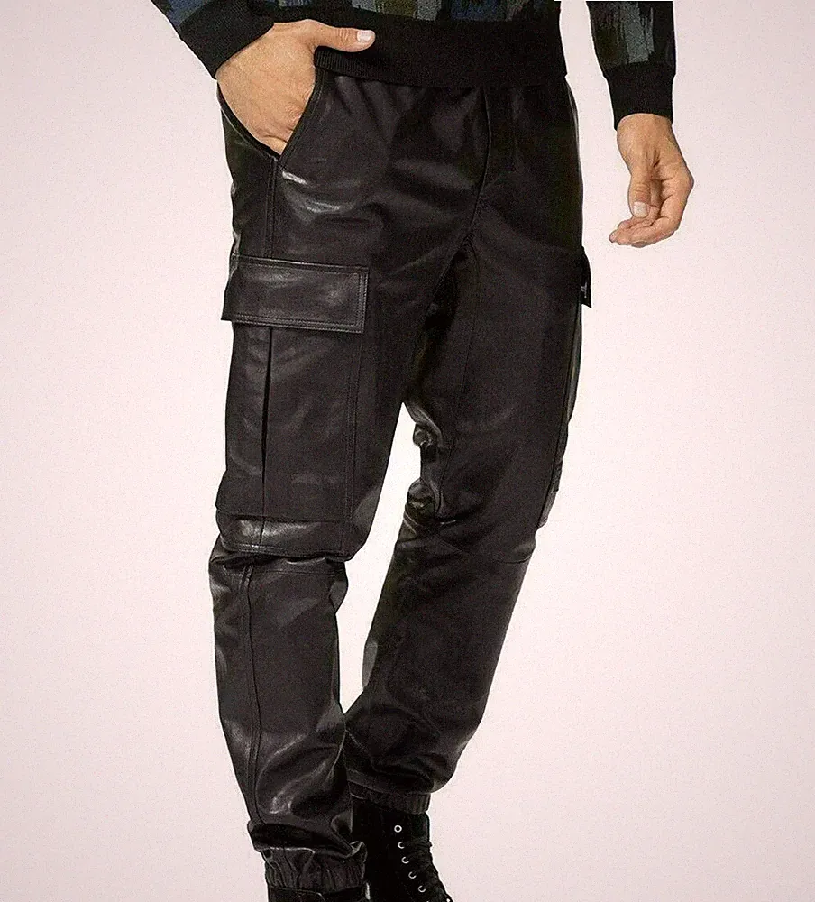 Herren Schwarz Leder Cargo Jogginghose Elastischer Bund Streetwear Biker...