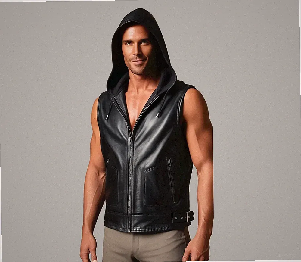 Herren Schwarz Leder Hoodie Echt Lammleder Leder Handgefertigt Slim Fit Weste