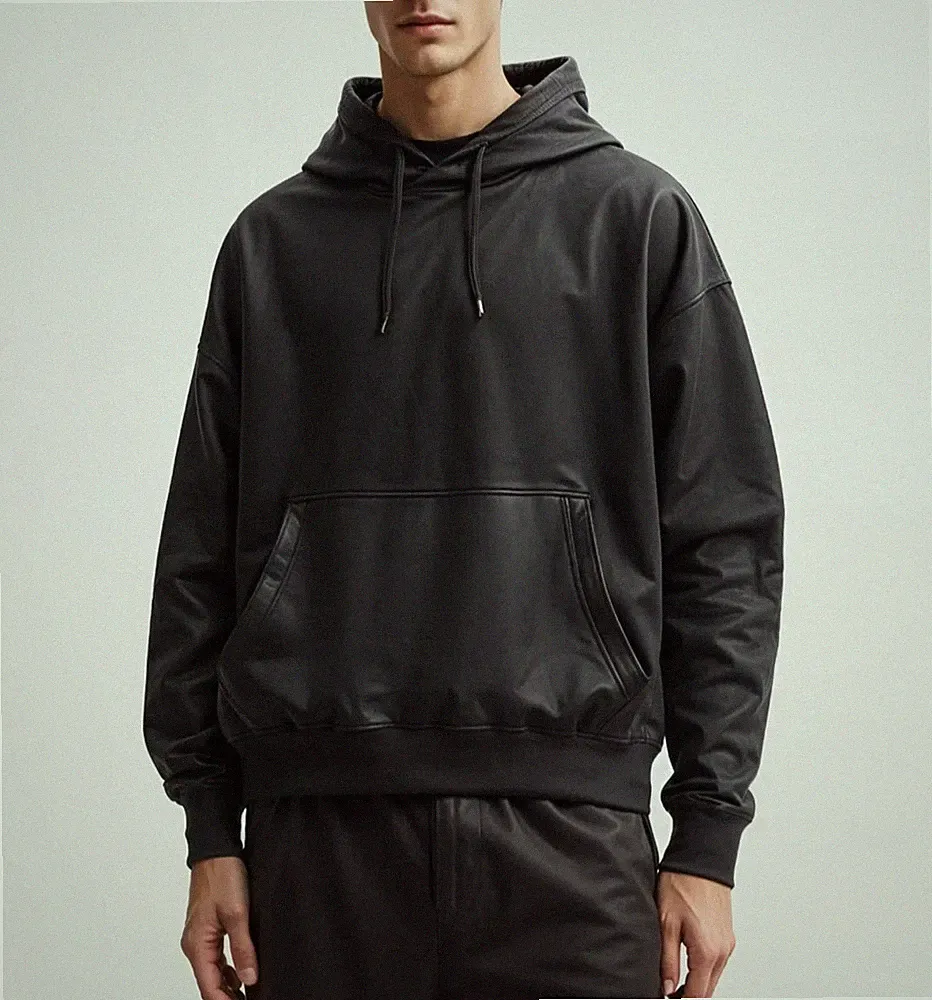 Herren Schwarz Leder Hoodie Echtes Lammleder Handgefertigte Freizeitkleidung