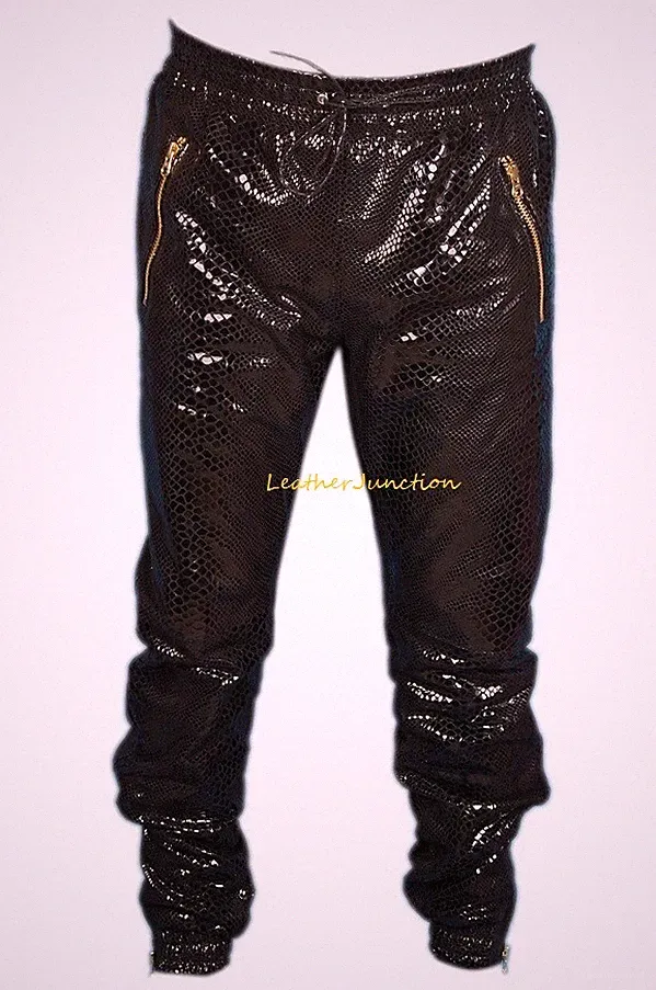 Herren Schwarz Leder Schlangenmuster Jogginghose Pure Lammleder Freizeit Hose