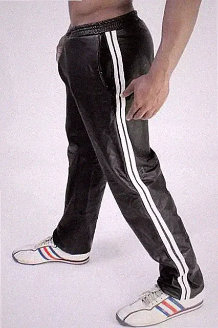 Herren Schwarz Leder Sweat Leder Hose Pure Schafsfell Weiß Streifen Sweatpant