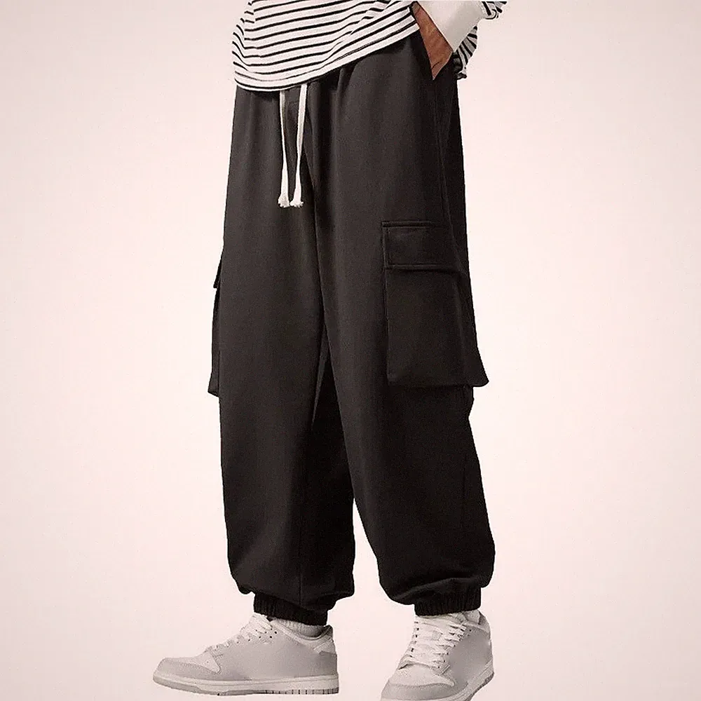 Herren Schwarz Paket Fuß Jogginghose Sweatpants Cargo Style Gummib