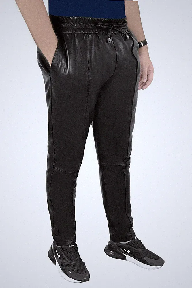 Herren Schwarz Slim Fit Jogginghose Weiches Lammleder Jogginghose Freizeit Hose