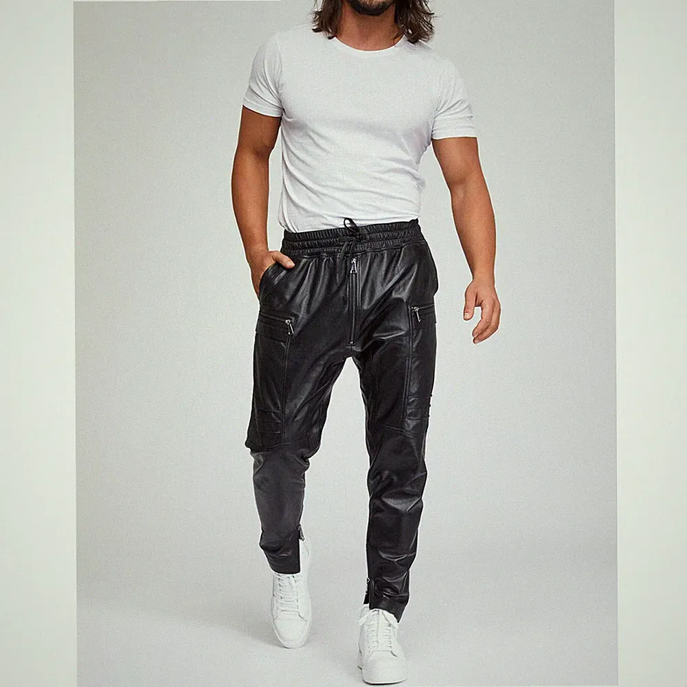 Herren Schwarz Sweat Leder Hose — Freizeit, Sportlich, Und Perfekt für Gym Party