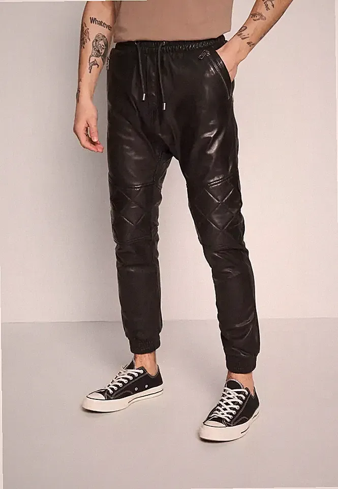 Herren Schwarz Sweat Leder Hose — Freizeit Und Sportlich, Ideal für Gym Training