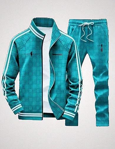 Herren-Set Türkis aus karierter Joggingjacke -hose mit Reitsport-Logo Größe L