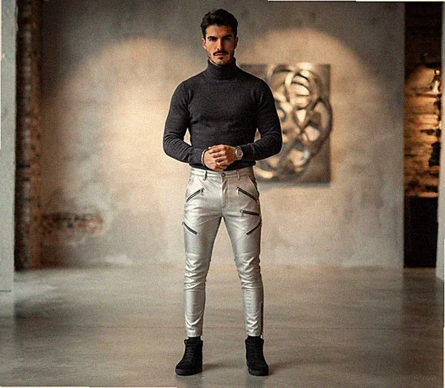 Herren Silber Biker Reißverschluss Lederhose. Jeanshose aus echtem weichem...