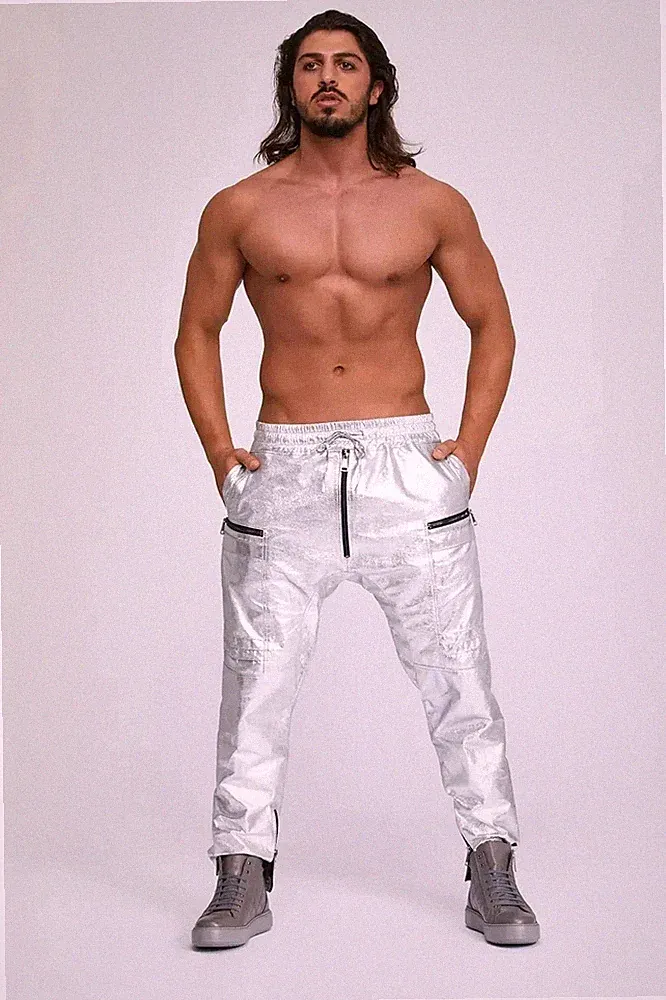 Herren Silber Leder Sweat Pant| Echt Weich Lammleder Leder Jogginghose Hose 34