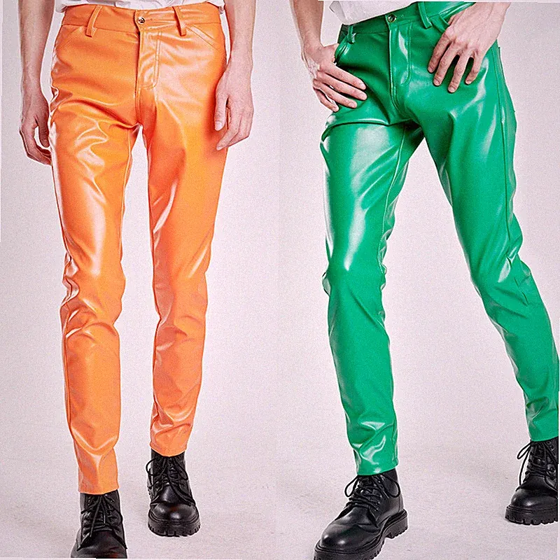 Herren Skinny Hose Slim Fit Kunstleder Biker Stretch Taschen Party Club