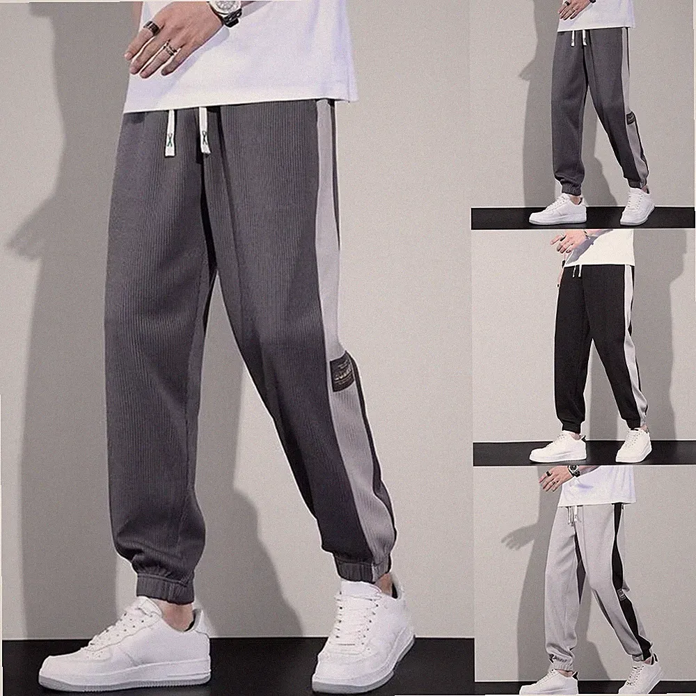 Herren Slim Fit Patchwork Jogginghose Bündchen Saum Hose volle Länge M-5XL