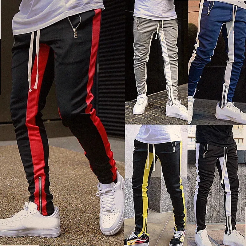 Herren Slim Fit Reißverschluss Casual Jogginghose Gym Aktivewear Gestreift Neu