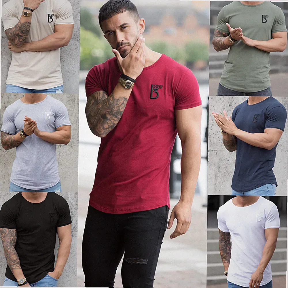 Herren Slim Fit T-Shirt Muskel Fitness Top Designer Kurzärmelig Gebogen Saum